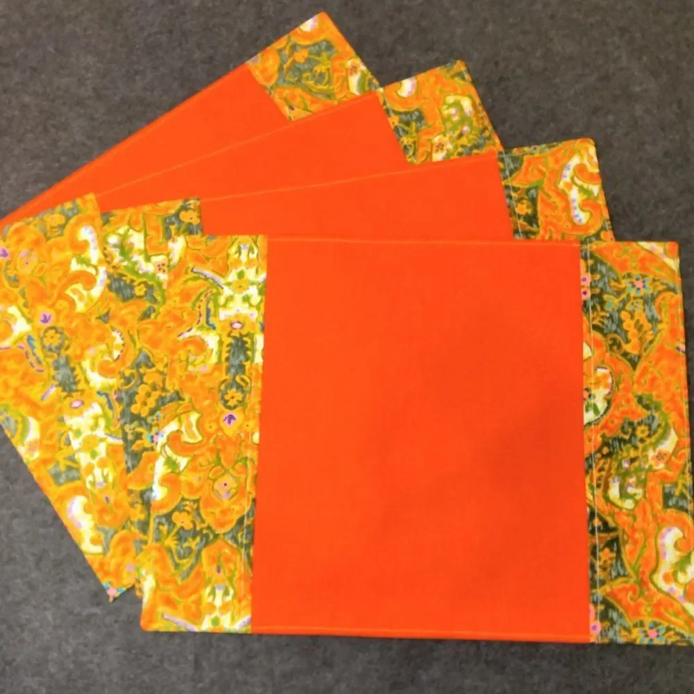 NEW Set of 4 Luxury Placemats - Orange Linen and Floral silk